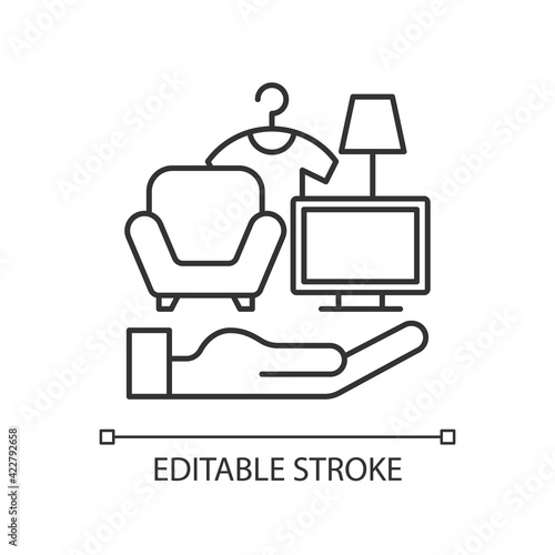 Possessions insurance linear icon. Contents insurance policy. Personal belonging protection. Thin line customizable illustration. Contour symbol. Vector isolated outline drawing. Editable stroke