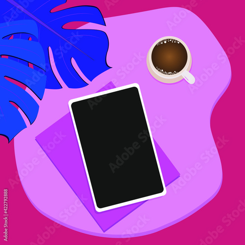 Cup of coffee with tablet on a pink background, top view. Vector illustration.