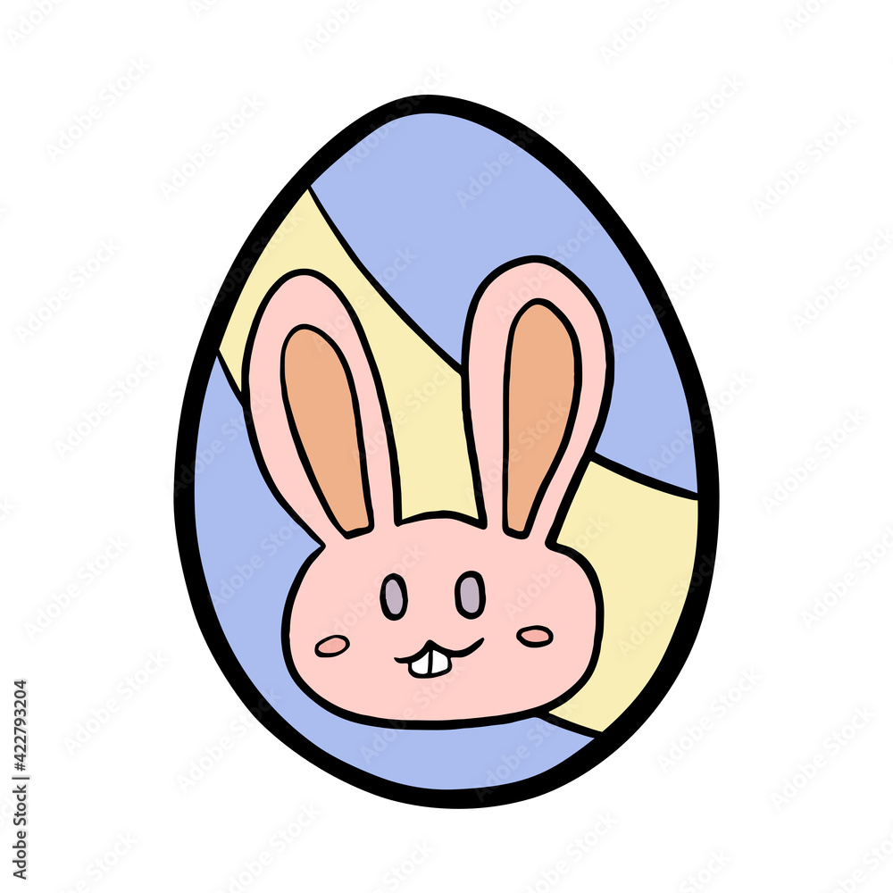 Colorful pastel Doodle Easter Egg with rabbit on white silhouette. Hand drawn cartoon style, decoration for any design. Vector illustration of kid and holiday. Colorful pastel Doodle Easter Egg with rabbit on white silhouette. Hand drawn cartoon style, decoration for any design. Vector illustration of kid and holiday.