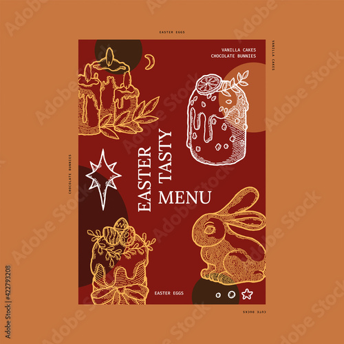 Rustic Modern Geometric Easter menu. Design Template with Hand Drawn Sketch Elements. Candle with Tree Twig, Easter Cake with Orange, Kulich with Colored Egg, Leaf and Ribbon, Chocolate Bunny