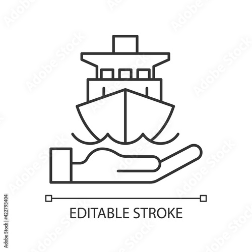 Marine insurance linear icon. Transport damages and losses coverage. Ships, vessels, cargo. Thin line customizable illustration. Contour symbol. Vector isolated outline drawing. Editable stroke