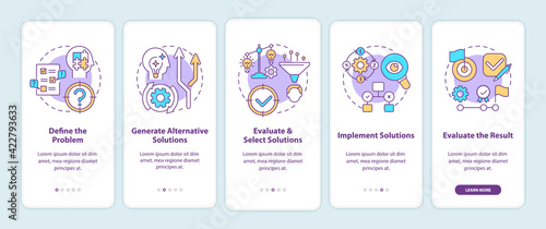 Problem solving steps onboarding mobile app page screen with concepts. Decision making process walkthrough 5 steps graphic instructions. UI, UX, GUI vector template with linear color illustrations