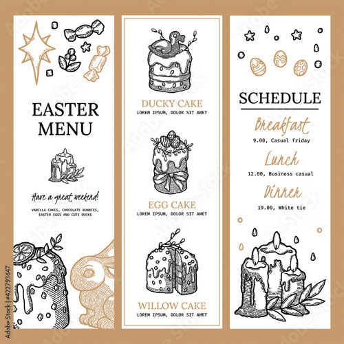 Rustic Easter Template Set as vector image. Finished Label with Web Banner Design Element. Kulich with Orange or Lemon, Seeds, Leaf, Chocolate Bunny, Colored Eggs with Patterns, Duck, Candle and Candy