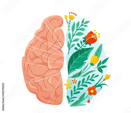 Mental health vector illustration. Left and right human brain concept. Balance design with flower, plant and leaves in flat simple style isolated on white background.