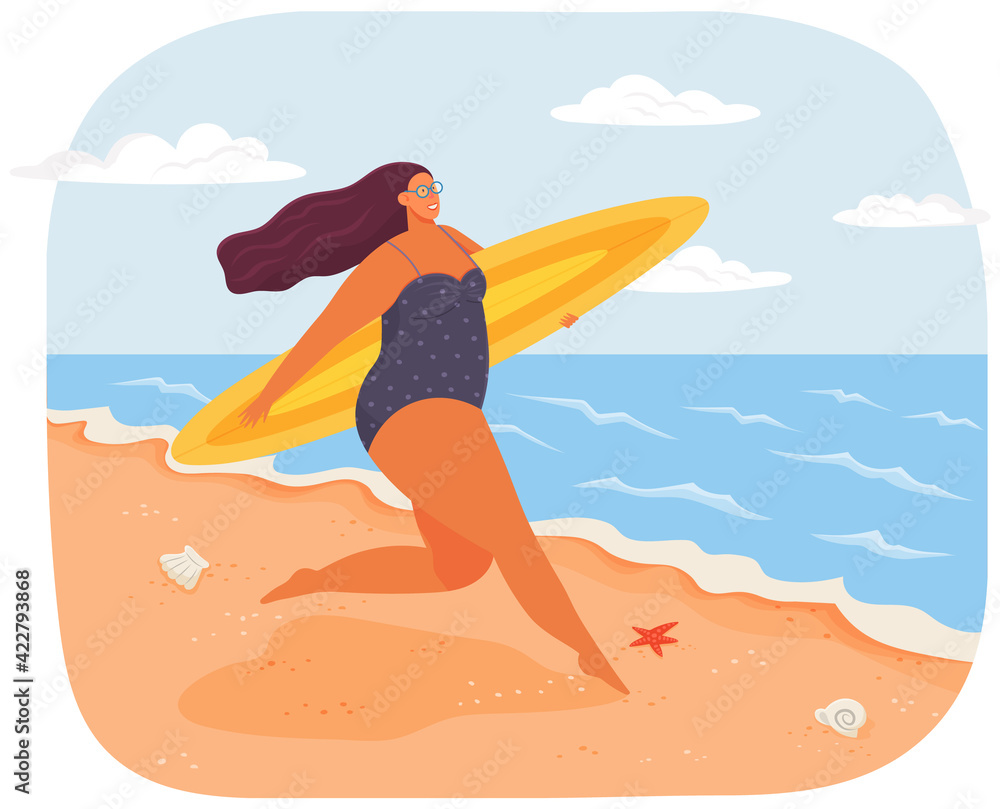 Happy plus size woman in swimsuit with surfboard running along beach. Active body positive concept