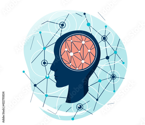 Mental health vector illustration. Silhouette of a man head with connection lines and dots. Research concept in flat simple style isolated on white background