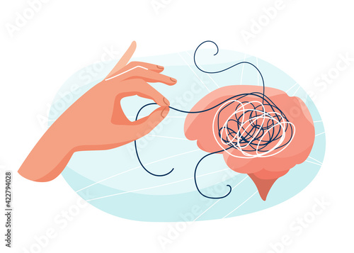 Mental health therapy vector illustration. Human brain with tangled lines and hand, untangle these disorder. Mind healthy care design concept in simple trendy flat style