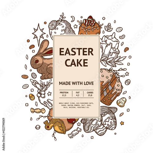 Rustic Easter Cake Package as vector image. Finished Label with Design Template Elements. Kulich with Orange or Lemon, Seeds, Leaf, Berries, Candle, Duck, Colored Eggs with Patterns on Plate and Candy