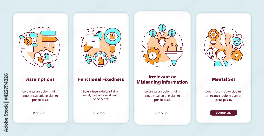 Problem solving obstacles onboarding mobile app page screen with concepts. Mental block walkthrough 5 steps graphic instructions. UI, UX, GUI vector template with linear color illustrations