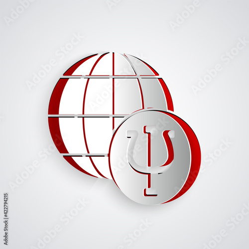 Paper cut Psychology icon isolated on grey background. Psi symbol. Mental health concept, psychoanalysis analysis and psychotherapy. Paper art style. Vector
