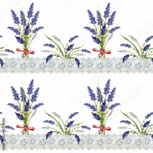 Seamless watercolor striped pattern of the finest delicate Richelieu lace with Provence-style bouquets of lavender flowers and wild clover flowers and wild herbs. 