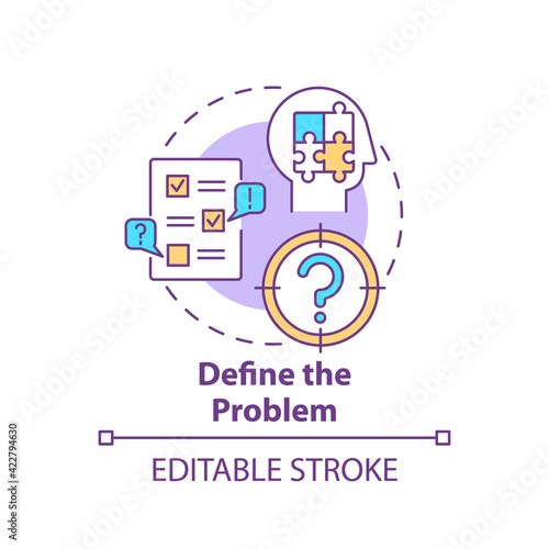 Define the problem concept icon. Diagnose system. Analyzing step in decision making process. Problem solving idea thin line illustration. Vector isolated outline RGB color drawing. Editable stroke