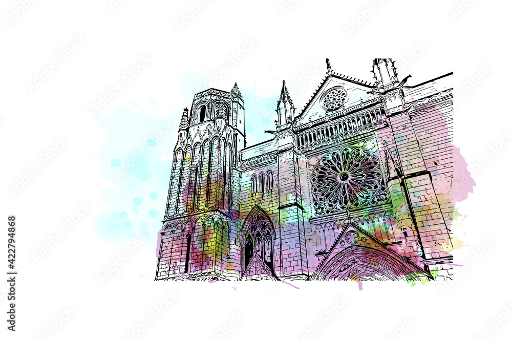 Building view with landmark of Poitiers is a city in western France. Watercolour splash with hand drawn sketch illustration in vector.