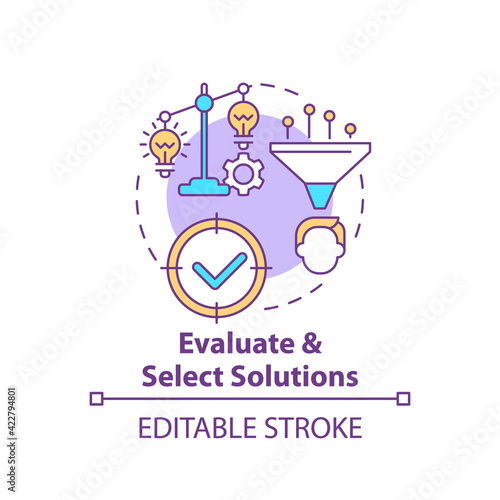 Evaluate and select solutions concept icon. Decision making, progress step. Improve creativity. Problem solving idea thin line illustration. Vector isolated outline RGB color drawing. Editable stroke