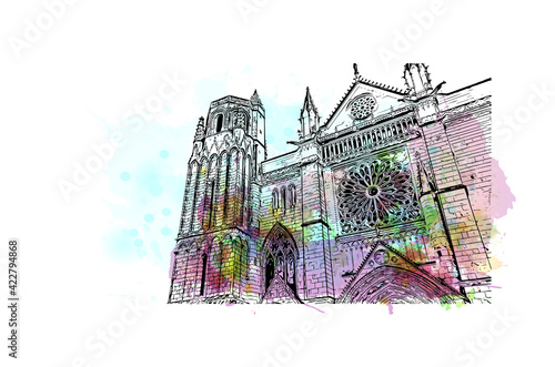 Obraz na płótnie Building view with landmark of Poitiers is a city in western France. Watercolour splash with hand drawn sketch illustration in vector. w salonie