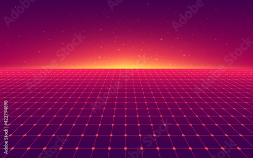 Abstract perspective red violet grid. Retro futuristic neon line on dark background, 80s design perspective distorted plane landscape composed of crossed neon lights and laser beams. Vector EPS10