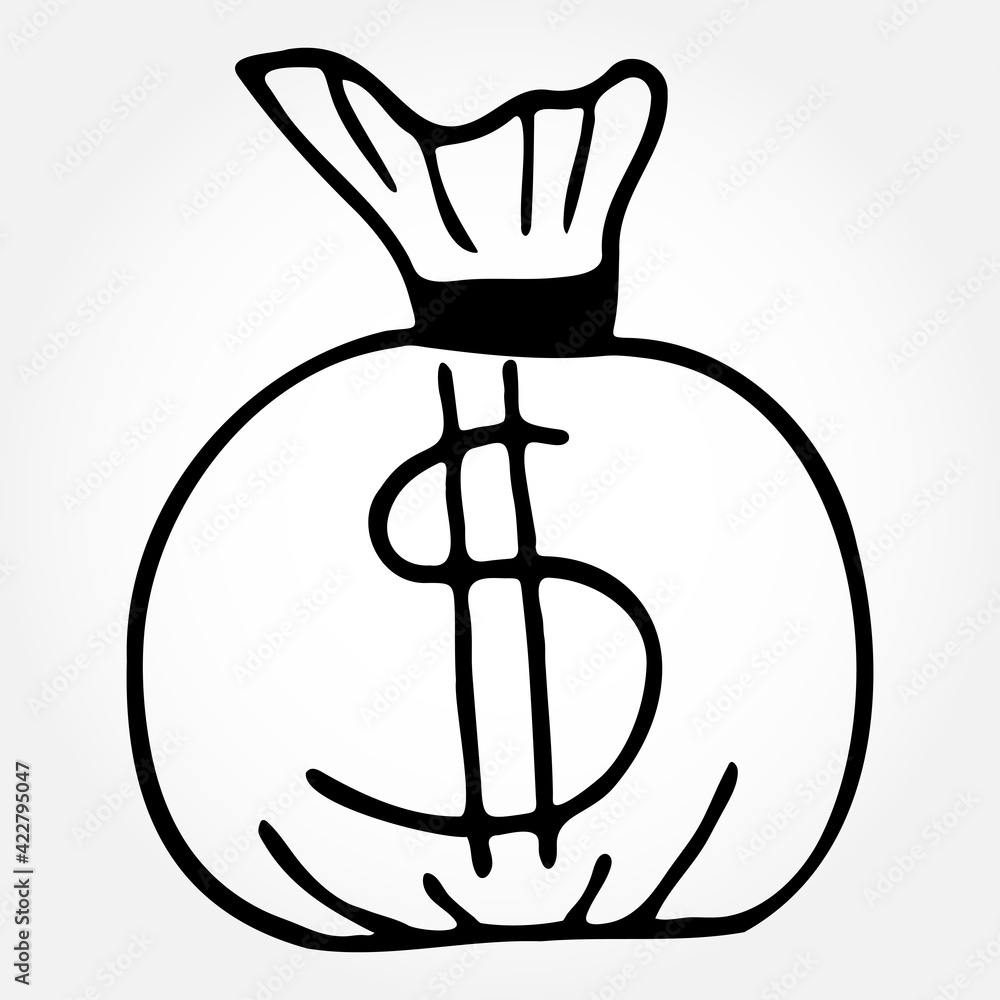 Vector hand drawn doodle bag with money. Isolated illustration
