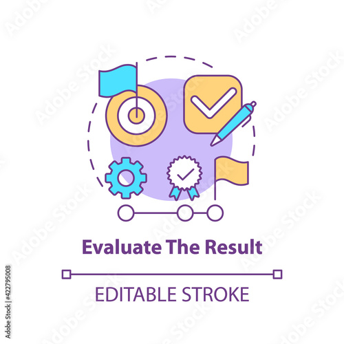 Evaluate the result concept icon. Strategy for decision making. Problem solving progress step idea thin line illustration. Vector isolated outline RGB color drawing. Editable stroke