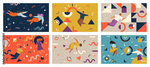 People flying in abstract imaginary space organizing geometric shapes. Teamwork concept scenes set