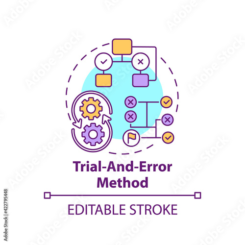 Trial and error method concept icon. Strategy to find solution. Decision making method. Problem solving idea thin line illustration. Vector isolated outline RGB color drawing. Editable stroke