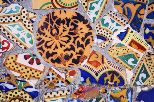 Broken tiles mosaic at park Guell, Barcelona