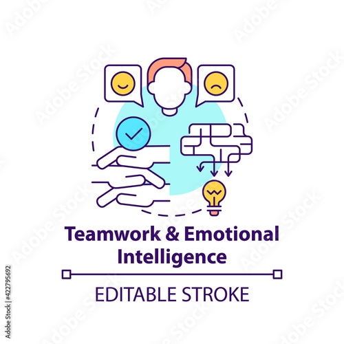 Teamwork and emotional intelligence concept icon. Workplace cooperation. Communication strategy. Problem solving idea thin line illustration. Vector isolated outline RGB color drawing. Editable stroke