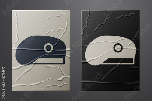 White Military beret icon isolated on crumpled paper background. Soldiers cap. Army hat. War baret. Paper art style. Vector