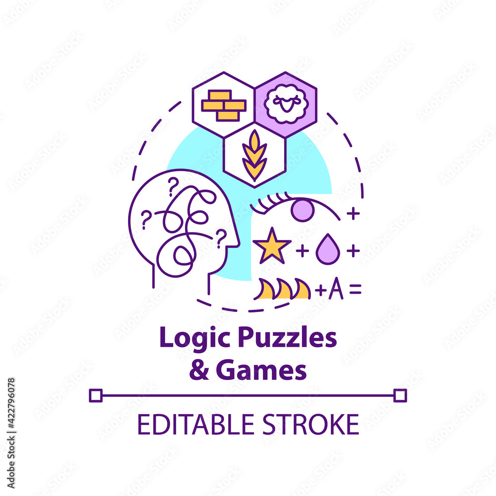 Logic puzzles and games concept icon. Exercise to improve critical thinking. Logical mind. Problem solving idea thin line illustration. Vector isolated outline RGB color drawing. Editable stroke Logic puzzles and games concept icon. Exercise to improve critical thinking. Logical mind. Problem solving idea thin line illustration. Vector isolated outline RGB color drawing. Editable stroke