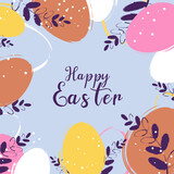 Happy Easter banner. Vector illustration. Trendy Easter design with typography strokes and dots, eggs and bunny in pastel colors. Modern minimal style.