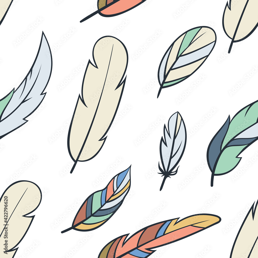 Hand-drawn Boho style feathers, seamless background. Hippie style. Colored. Isolated on a white background. Hand-drawn Boho style feathers, seamless background. Hippie style. Colored. Isolated on a white background.