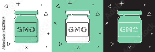 Set GMO icon isolated on white and green, black background. Genetically modified organism acronym. Dna food modification. Vector