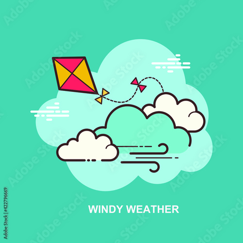 windy weather with red yellow kite flying on blue sky with white clouds moving flat concept design