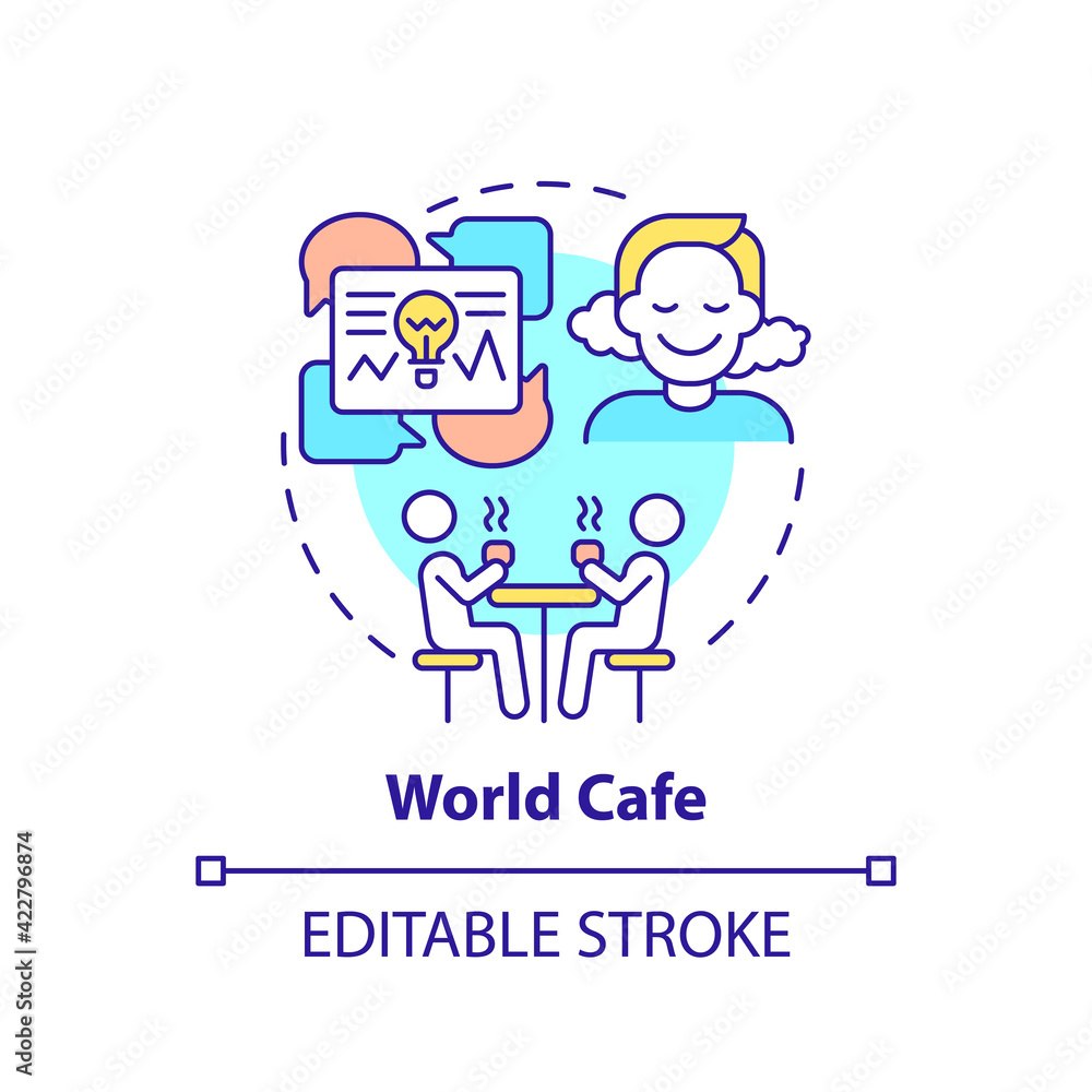 World cafe concept icon. Positive environment to boost creativity. Communication with people. Problem solving idea thin line illustration. Vector isolated outline RGB color drawing. Editable stroke World cafe concept icon. Positive environment to boost creativity. Communication with people. Problem solving idea thin line illustration. Vector isolated outline RGB color drawing. Editable stroke