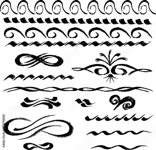 Freehand drawings of various decorative borders and design elements