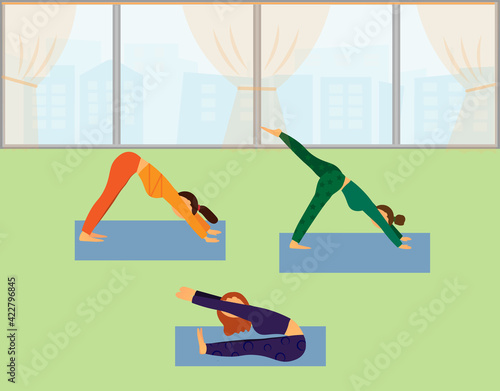 Woman exercises in yoga, yoga classes, healthy lifestyle, fitness, flat vector illustration