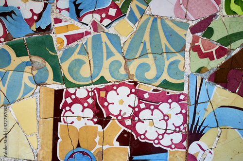 Broken tiles mosaic at park Guell, Barcelona
