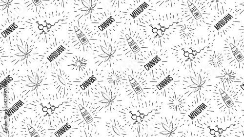 White seamless pattern in doodle style with cannabis leafs, bottle of CBD oil, chemical formula of CBD and cannabis logos