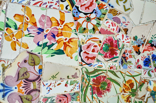 Broken tiles mosaic at park Guell, Barcelona