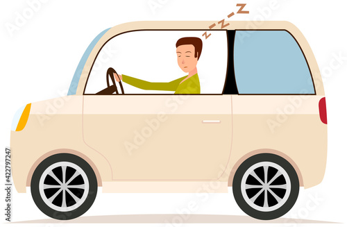 Driver fell asleep while sitting in passenger car. Happy young man is sleeping in beige car