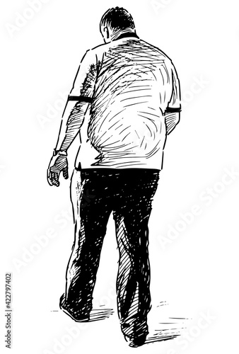 Sketch of casual townsman walking along street