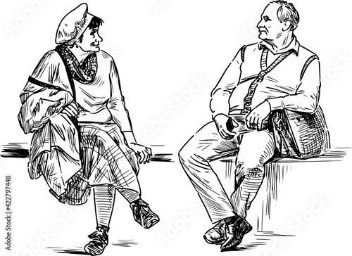 Sketch of couple elderly spouses sitting on park bench and looking at each other