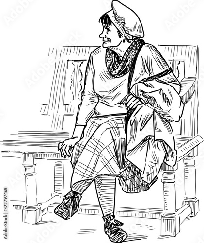 Sketch of elderly woman in beret sitting on park bench and smiling
