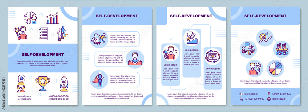 Self-development brochure template. Personal growth. Achieving goal. Flyer, booklet, leaflet print, cover design with linear icons. Vector layouts for presentation, annual reports, advertisement pages