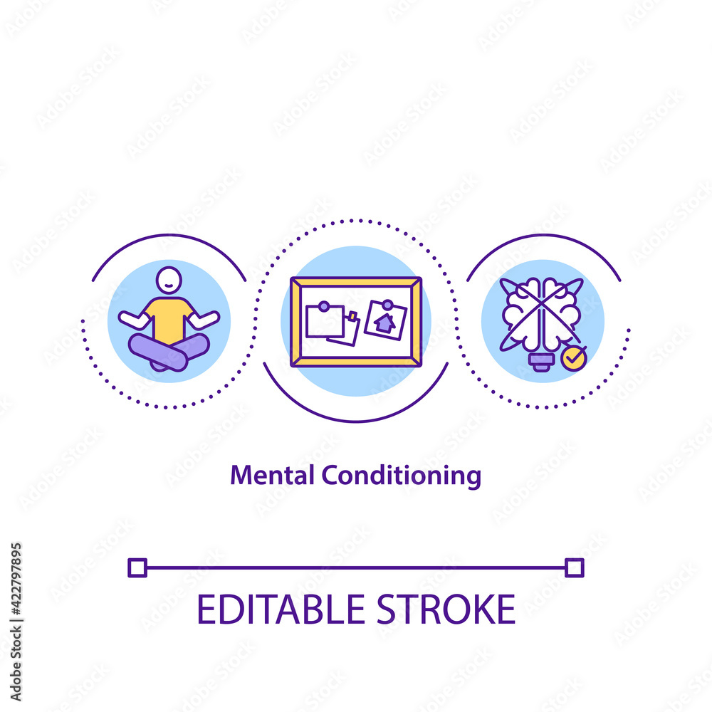 Mental conditioning concept icon. Positive thinking development idea thin line illustration. Improving mental skills. Mind training. Vector isolated outline RGB color drawing. Editable stroke Mental conditioning concept icon. Positive thinking development idea thin line illustration. Improving mental skills. Mind training. Vector isolated outline RGB color drawing. Editable stroke