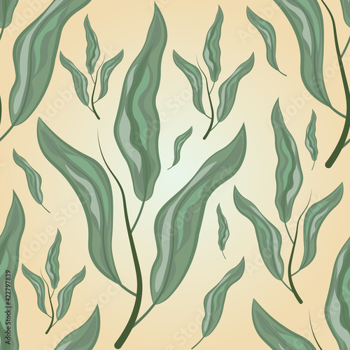 Flying green leaves on a light background. Seamless pattern