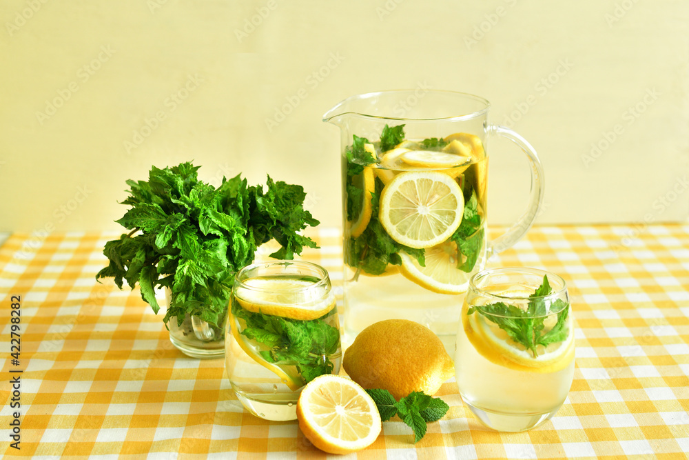 ripe fresh lemons, mint and lemonade sassy water. Vitamins concept. Strengthening immunity concept. Summer mood.color 2021 ripe fresh lemons, mint and lemonade sassy water. Vitamins concept. Strengthening immunity concept. Summer mood.color 2021