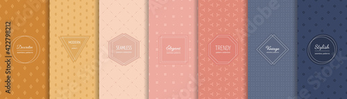 Minimalist geometric seamless pattern collection. Vector set of simple colorful background swatches with elegant minimal labels, frames. Abstract modern geo textures. Trendy pastel color palette