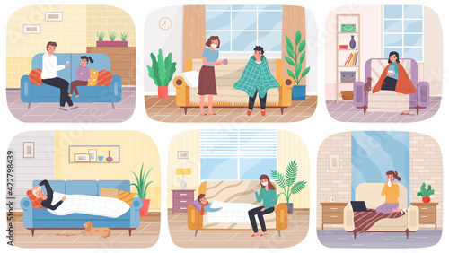 Set of illustrations about home treatment. People suffer from illness. Parents take care of children