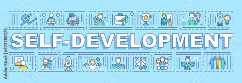 Self-development word concepts banner. Personal skills and potential improvement. Infographics with linear icons on blue background. Isolated typography. Vector outline RGB color illustration