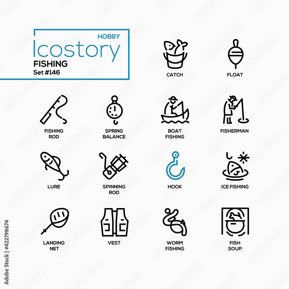 Fishing equipment - line design style icons set Fishing equipment - line design style icons set